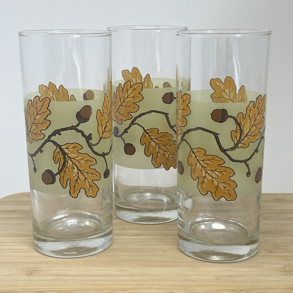 Vintage Drinking Glasses Tumblers Ocean Thailand Oak Leaves & Acorns‎ 6.75" 3